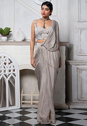 Pre Stitched Pure Chinon Chiffon Saree in Grey