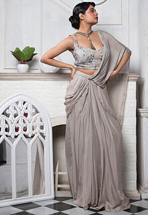 Pre Stitched Pure Chinon Chiffon Saree in Grey