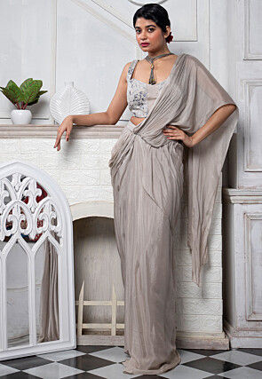 Pre Stitched Pure Chinon Chiffon Saree in Grey