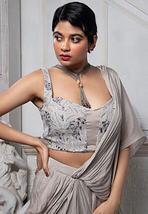 Pre Stitched Pure Chinon Chiffon Saree in Grey
