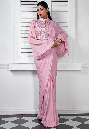 Pre Stitched Pure Chinon Chiffon Saree in Pink