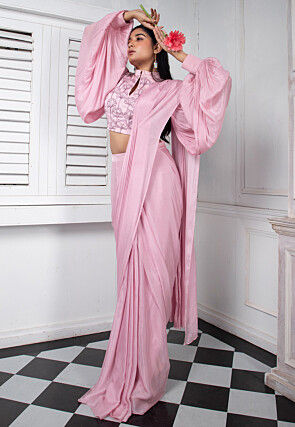 Pre Stitched Pure Chinon Chiffon Saree in Pink