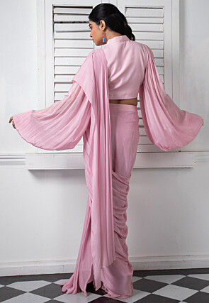 Pre Stitched Pure Chinon Chiffon Saree in Pink