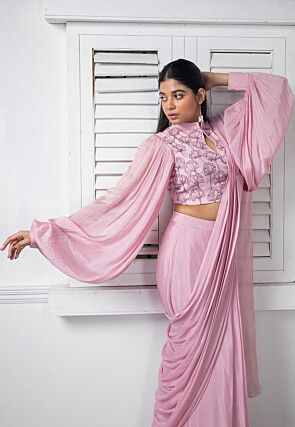 Pre Stitched Pure Chinon Chiffon Saree in Pink