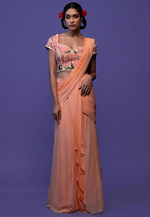 Pre Stitched Pure Georgette Saree in Peach