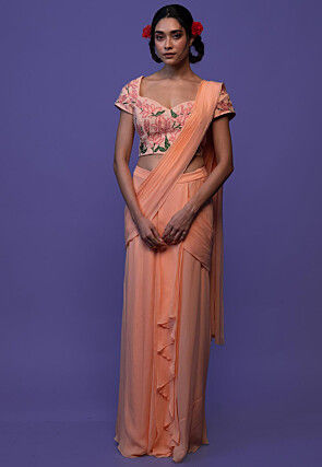 Pre Stitched Pure Georgette Saree in Peach