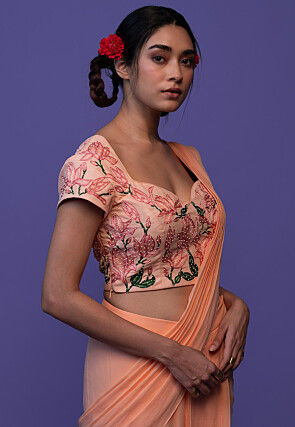 Pre Stitched Pure Georgette Saree in Peach