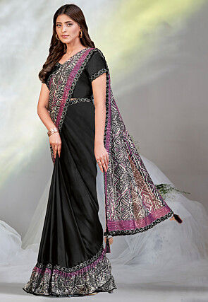 Pre Stitched Satin Crepe Saree in Black