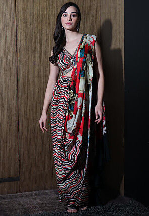 Pre Stitched Satin Crepe Saree in Multicolor