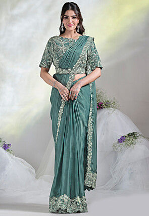 Pre Stitched Satin Crepe Saree in Sea Green