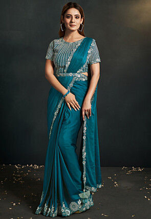 Pre Stitched Satin Crepe Saree in Teal Blue