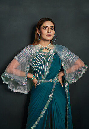 Pre Stitched Satin Crepe Saree in Teal Blue