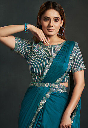 Pre Stitched Satin Crepe Saree in Teal Blue