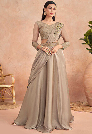 Pre Stitched Satin Georgette Lehenga Style Saree in Beige