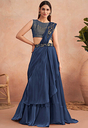 Pre Stitched Satin Georgette Lehenga Style Saree in Blue