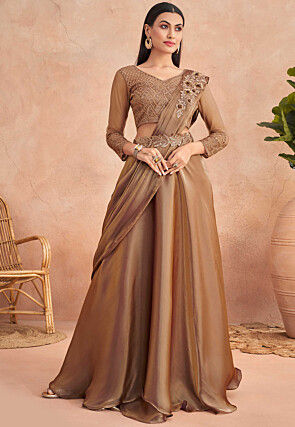 Pre Stitched Satin Georgette Lehenga Style Saree in Brown