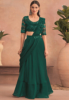 Pre Stitched Satin Georgette Lehenga Style Saree in Dark Green