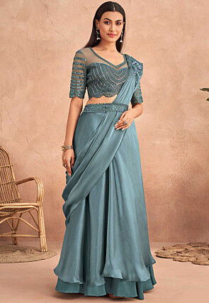 Pre Stitched Satin Georgette Lehenga Style Saree in Dusty Blue