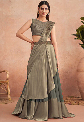 Pre Stitched Satin Georgette Lehenga Style Saree in Grey
