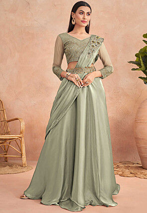 Pre Stitched Satin Georgette Lehenga Style Saree in Dusty Green