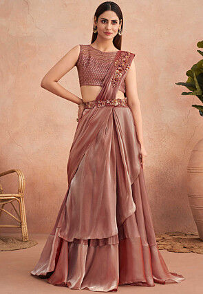 Pre Stitched Satin Georgette Lehenga Style Saree in Old Rose