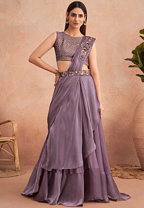 Pre Stitched Satin Georgette Lehenga Style Saree in Purple