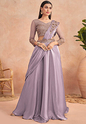 Pre Stitched Satin Georgette Lehenga Style Saree in Purple