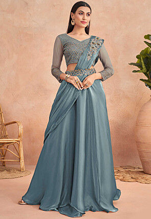 Pre Stitched Satin Georgette Lehenga Style Saree in Teal Blue