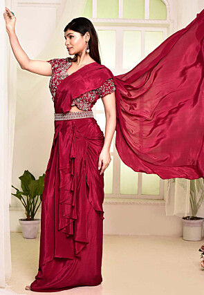 Pre Stitched Satin Georgette Hand Embroidered Saree in Fuchsia