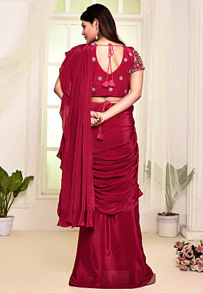 Pre Stitched Satin Georgette Hand Embroidered Saree in Fuchsia