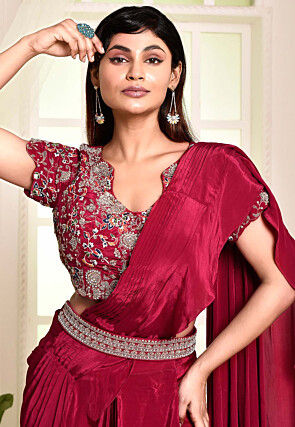 Pre Stitched Satin Georgette Hand Embroidered Saree in Fuchsia