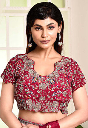 Pre Stitched Satin Georgette Hand Embroidered Saree in Fuchsia