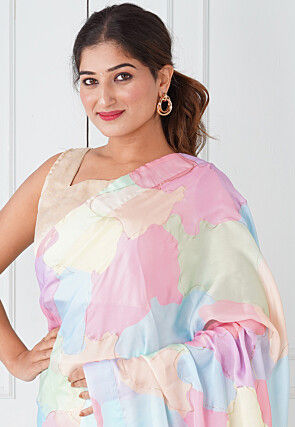 Pre Stitched Satin Georgette Saree in Multicolor
