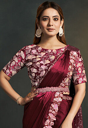 Pre Stitched Satin Saree in Maroon