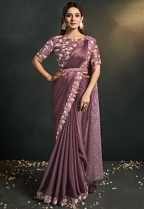Pre Stitched Satin Saree in Old Rose