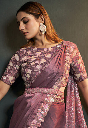 Pre Stitched Satin Saree in Old Rose
