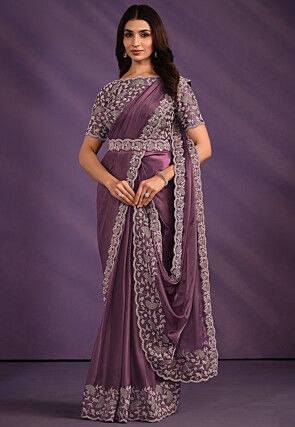 Pre Stitched Satin Saree in Purple