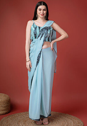 Blue Satin Hand Embroidered Draped Gown Design by Pooja Peshoria at  Pernia's Pop Up Shop 2024