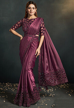 Pre Stitched Satin Saree in Wine