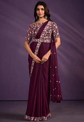Pre Stitched Satin Saree in Wine
