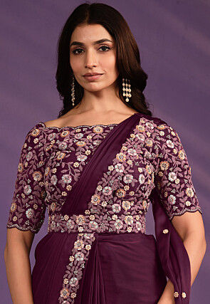 Pre Stitched Satin Saree in Wine