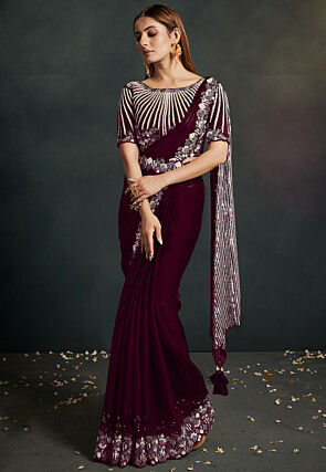 Buy Pre Stitched Satin Saree in Wine Online SBHA2959 Utsav Fashion