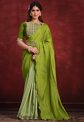 Pre Stitched Satin Silk Accordian Saree in Light Green