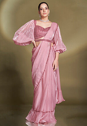 Pre Stitched Satin Silk Saree in Baby Pink