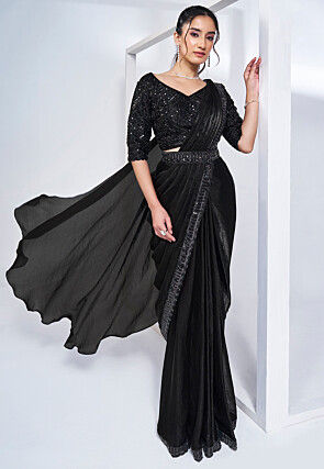 Pre Stitched Satin Silk Saree in Black