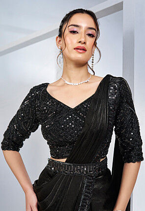 Pre Stitched Satin Silk Saree in Black