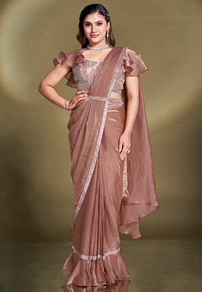 Pre Stitched Art Tissue Silk Saree in Brown
