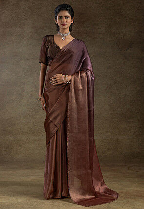 Pre Stitched Satin Silk Saree in Brown