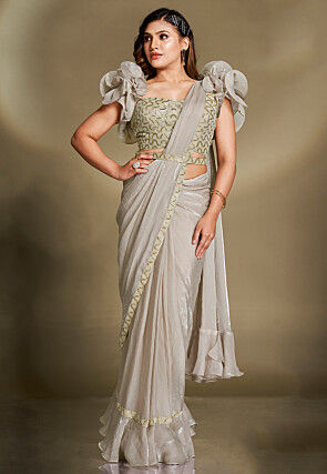 Pre Stitched Satin Silk Saree in Grey
