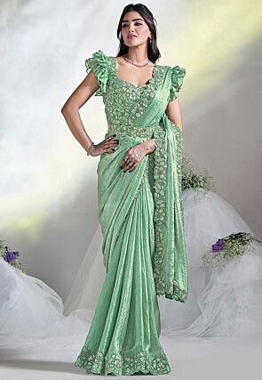 Pre Stitched Satin Silk Saree in Light Green